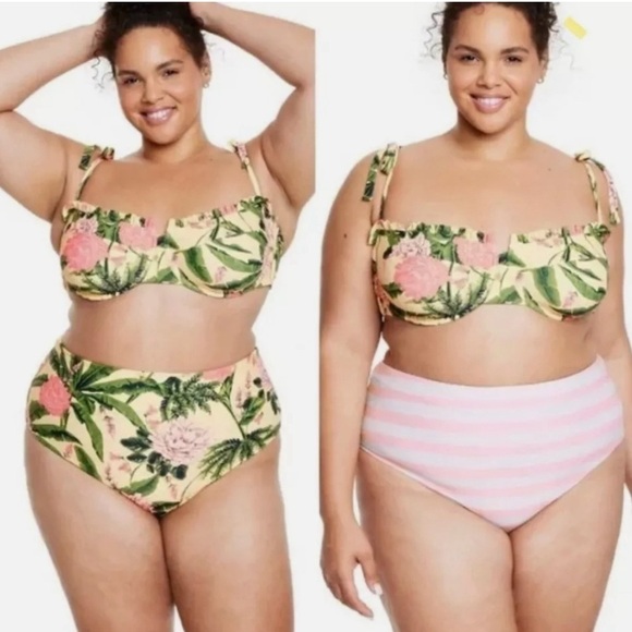 Aqua Bendita Floral/Stripe Reversible High Waist Cheeky Bikini Bottom 2X - Picture 2 of 10